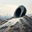 Placeholder: Photograph of outskirts of a city, ominous and odd black sinusoid rises from the earth, details of the stone very accentuated, brutalist style, aftermath, liquid, powder, pastel colors, shot on Hasselblad, minimaximalist, detailed, 8k, museum, deep 3d field