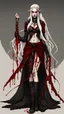 Placeholder: long white braided haired elven woman with fish like features and wearing a gothic black and red tribal apparel while holding a serrated bone dagger and a creepy spellbook dripping with red liquid, full body picture