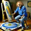 Placeholder: Elderly artist with curly gray hair painting abstract art in sunlit studio, blue denim overalls, holding brush and palette, large colorful canvas with geometric circles and organic forms, "Controlled Spontaneity" artwork, paint cans on floor, wooden easel, natural lighting --ar 16:9 --v 6.1 --style raw --q 2