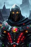 Placeholder: large male warforged, medieval gothic armor, full helm, glowing eye slits, very broad shoulders, black cloak with hood covering head, silver armor, rainbow-colored lines of light coming from all armor gaps, 1 spherical rainbow-colored core in chest, fantasy village setting, dungeons and dragons