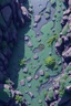 Placeholder: pixel art top down view planet surface in 2d game, detailed level, mint green terrain, violet earth with plants and rocks