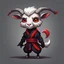 Placeholder: Bipedal creature resembling a goat with silver hair and wearing a black ninja outfit with red strips and silver lurking in the shadows in cute creature art style