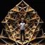 Placeholder: a 3d structure fractal based on tiangles with small spheres at joints ,with a 8 years old boy standing in center