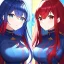 Placeholder: Clear focus, 8k, beautiful lighting, vibrant colors, girl, blue hair, long hair, vibrant red eyes, twins, red hair, blue eyes,