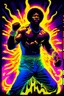 Placeholder: 70s Black light poster design in the style of George Goode, featured “a black man rais[ing] his unshackled fist while the background bursts with fluorescent yellow flame.” neon fluorescent glow, psychedelic, bright, shimmering, fluorescent colors pop and sizzle, mystique, cosmic