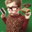 Placeholder: peter billingsley chubby with glasses, holding a ((Dark red))soap bar, ((brown))argyle sweater