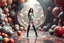 Placeholder: beautiful full body with long boots lady in surreal stage made of fractal random size spheres with helical strip colors in clothing similar to environment full body posing to camera