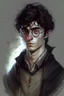 Placeholder: draw a full sorcerer's body, look like harry potter. he is tall, slim and strong. he has short and curly dark hair. he wears round glasses. he has a a medium mouth and a scar on the face.