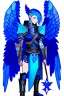 Placeholder: a person in runic armor with blue wings, blue short hair, runic tattoo and spell book