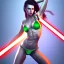 Placeholder: Voluptuos beautiful atletic woman with green eyes realistic in bikini armor flirting wielding light saber