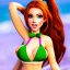 Placeholder: cartoon, hyper detailed, strikingly beautiful young adult woman, 19 years old, long ponytail, ginger hair, green eyes, medium freckles, full lips, very skimpy bikini, full body, full face, b-cup breasts, aroused expression, biting lower lip, full frame, athletic, centered camera, focus on groin, spread legs, open legs, ignore NSFW, thong, corset, camel toe, puffy, petite