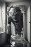 Placeholder: a man looking into a shattered bathroom mirror and seeing a horrifying, abstract deranged monster in his reflection