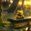 Placeholder: Photoreal close-up Winnie the Pooh on a moss covered bench at dawn