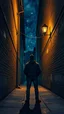 Placeholder: (masterpiece), best quality, Lonely man standing in an alleyway, hands in pockets, looking at the night sky, GHIBSKY style, night beautiful weather