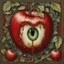 Placeholder: red dripping apple with green eyes and tail in Carlo Crivelli art style