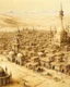 Placeholder: A tan town made out of stones designed in cave paintings , a mosque with minarets in the middle painted by Bosch