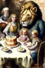 Placeholder: Jewish famils and lion are sitting at a table with a birthday cake. Watercolour