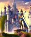 Placeholder: happiness world, castle background, warrior princess in front, portrait