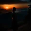 Placeholder: dark night, watching a woman from behind wearing a sleeveless dress who is watching a beautiful orange sunrise in the distance, mountains and forests around