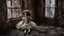 Placeholder: an old, dirty, worn (porcelain doll sitting in a beautiful lace dress) in a broken, dirty window, spiderweb, abandoned old room, dark surreal atmosphere, dull lights, dark colors sinister , surrealism, matte background