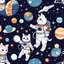 Placeholder: Astronaut cats, seamless pattern, vector, hand drawn, cartoon like. Cats in astronaut suits, playing with ball, flying in space, planets and galaxies.