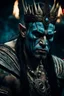 Placeholder: portrait of an orc king with pale skin. scar running across one eye. Tribal Tattoos Dark hair and ice blue eyes. His look is sad. Half of his head is shaved. wearing jewellery. High resolution. 4K. 8K. Dark Fantasy style. Cave in the background