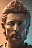 Placeholder: Ultra Realistic image, roman sculpture, deluxe white marble material, elon musk with red laser eye, Renaissance style, miguel angel style, chisel style, emperor, waist up portrait, epic, celestial, cinematic lighting, God light, god rays, 4k resolution, smooth details, ornate details, unreal engine 5, blue sky background.