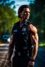 Placeholder: handsome muscular male police officer age 25 with shoulder length hair and a goatee. Standing by the roadside. Trees in the background. Photorealistic. 4K. Dark Romance