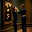 Placeholder: Mona Lisa comes out of the picture and kisses a young navy officer who is standing in the museum looking at her picture