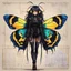 Placeholder: full body portrait illustration , long hair, with detailed blueprints and engineering schematics of a walking hybrid Madagascan sunset moth insect girl, antennae, black sclera, gold eyes, in anime style, with highly detailed facial features, drawings, and technical notation, 8k, vibrant natural colors