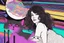 Placeholder: black light art, neon lines, contented brunette woman with fluffy kitten seeking something in the distance