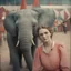 Placeholder: A woman , freckles, with an elephant, at the circus,, autochrome, pink, red orange,, golden