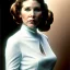 Placeholder: half-length color photo shoot, three-quarter face pose of carrie fisher as Princess Leia with realistic fine and very simple short hair, entrancing deep brown eyes, Intricate, High Detail, Sharp focus, realism, beautiful and detailed lighting, Nikon D850, ef 85mm 5.6 by Annie Leibovitz