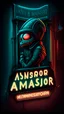 Placeholder: Little ambassador tattoo shop sign, banner, intergalactic, sci-fi, neon,retro, alien in hoodie, iron maiden style,