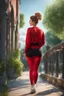 Placeholder: full body ,young woman with clear eyes, messy bun hair, bouncing looking back, soft velvet red/black two piece printed outfit, morning sun, cute, full body, ultra realistic, a variety of small details in the background, hyper realistic, surprised, sweet smile, 8k, HDR, 500px, by Koos Roos