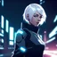 Placeholder: young futuristic female bodyguard with short white hair, anime style