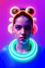 Placeholder: Rosalía, artist, 30 years old, Realistic, waist up portrait. Eyes, make up, glow, circle iris, eye liner. Hair, pigtails. make up, glow. lips, gold. big rings piercing, led ornament, pearls. Coat, smile pin, inflatable latex, cold, led lights, minimal, neon, pink, blue, gold, vibrant color, highly detailed, art stations, concept art, smooth, unreal engine 5, god lights, ray tracing, RTX, lumen lighting, ultra detail, volumetric lighting, 3d, finely drawn, high definition, 4k.