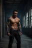 Placeholder: Handsome muscular alpha male, 30 years old, Dark brown eyes, Long chocolate brown hair, bare chest covered in tattoos and scars. wearing black combat trousers and heavy boots, hyperrealistic, 4k, dark fantasy, large house in the background