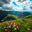 Placeholder: beautiful Green hills covered with flowers colorfull ,blue sky heavy clouds with godray ,very nice flowers at closeup ,wonderfull mountains at distance,beautiful lady clibming at hills full body shot