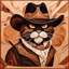 Placeholder: angry cowboy cat in marquetry art style
