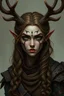 Placeholder: A female fantasy warrior with antlers, olive toned skin, long brown curly hair, green eyes. Quirky face with some type of markings. Grimdark realistic style