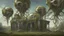 Placeholder: floating alien balls with tentacles, rampant foliage, vines, Spanish moss, next to a derelict alien building, photorealistic, surreal detail