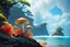 Placeholder: photorealistic exotic giant mushrooms and coral with tentacles on a rocky shoreline, cliffs, and cloud trees