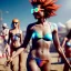 Placeholder: Ultra Realistic photo, medium shot view, drunken dancer bikini woman, carnival scene, monster hair, steampunk. Red hair, confeti, Sunglasses, smile, happy, festival, ovnis, gradient color fog. highly detailed, concept art, unreal engine 5, ray tracing, RTX, lumen lighting, ultra detail, volumetric lighting, 3d, finely drawn, high definition, high resolution.