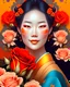 Placeholder: Portrait of beautiful smiling geisha, red, gold, orange, teal, yellow, teal eyes, roses, flowers, intricate, elegant, highly detailed, digital painting, artstation, concept art, smooth, sharp focus, illustration, v, hyper realistic, intricate detail