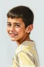 Placeholder: Seven year old Palestinian boy with beautiful face turning his face to the right and a slight smile and his mouth is closed and his teeth are not visible and his eyes are looking to the left he looks drawn with oil colors