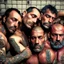 Placeholder: close up 35mm lens, top view of three gipsy prisoners 45 years old sleeping laying down inside a dirty jail, ugly, bullneck, strong beefy, in tank top, manly chest, tattoo, misery and poverty, photorealistic, ultradetailed, 32keyes