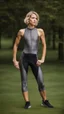 Placeholder: photography of a beautiful anorexic woman, grey satin triathlon top, sports illustrated, blond short wavy bob haircut, pronounced sternum, flat chest, anthracite cycling leggins