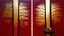 Placeholder: Diptych painting, two vertical panels, rich crimson red background. Abstract landscape, divided into sections with muted gold/tan elements. Vertical, dark, stylized tree forms dominate each panel, with varied brushstrokes creating texture. Small, realistic pears are placed on the lower right panel. One panel includes an abstract bird’s nest, a central light ochre area. Faint shapes resembling silhouettes of hills or mountains are seen in two upper sections. Soft, diffused light suggests a contem