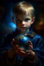 Placeholder: book cover illustration, oil painting portrait of metallic sleeping slightly cute smirking innocent blue eyed vampire holding small earth on a platter in one hand, bokeh , high detail, smooth render, prize winning, down light, depth of field, aura